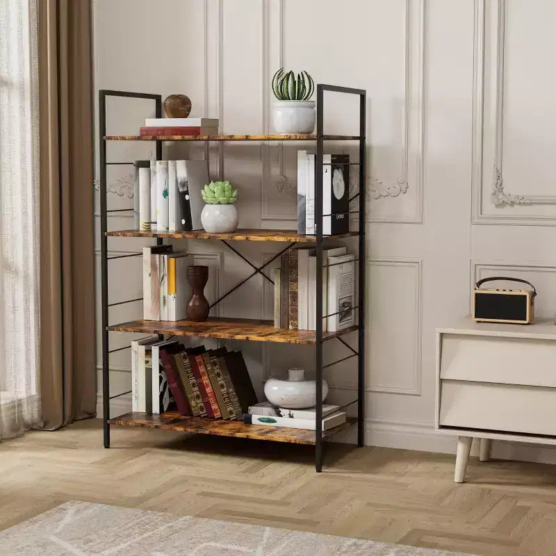 4 Tier Bookshelf, Large Bookcase with Steel Frame, Industrial Book Shelves for Home Office, Living Room, Rustic Book Shelf Organization and Storage