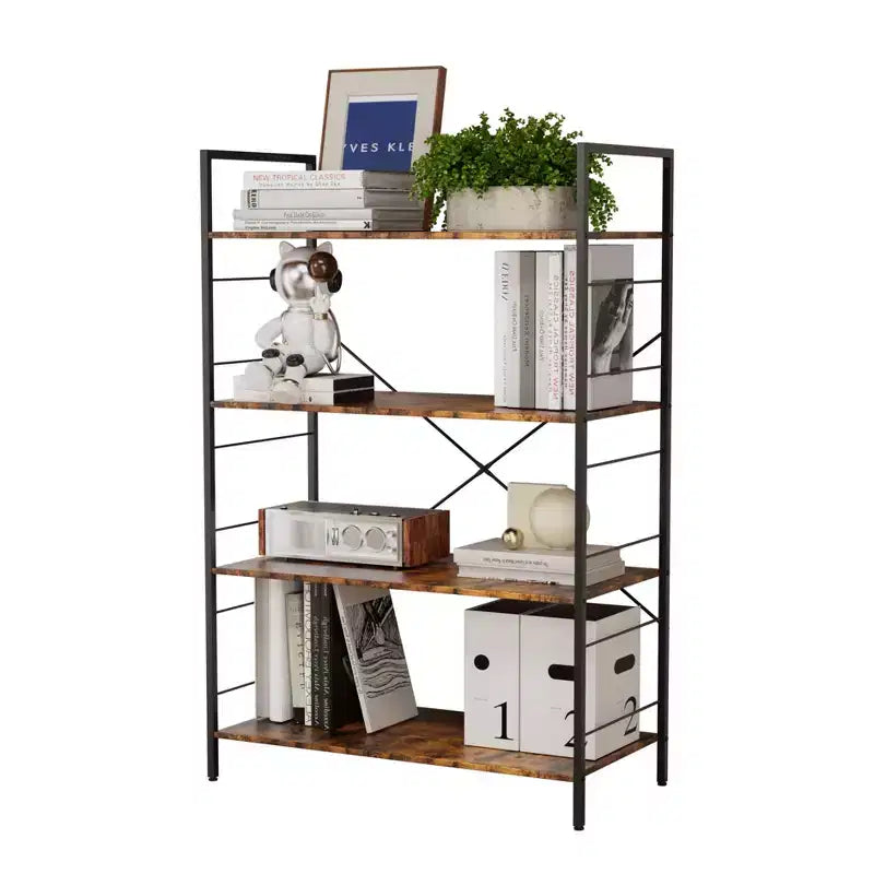 4 Tier Bookshelf, Large Bookcase with Steel Frame, Industrial Book Shelves for Home Office, Living Room, Rustic Book Shelf Organization and Storage