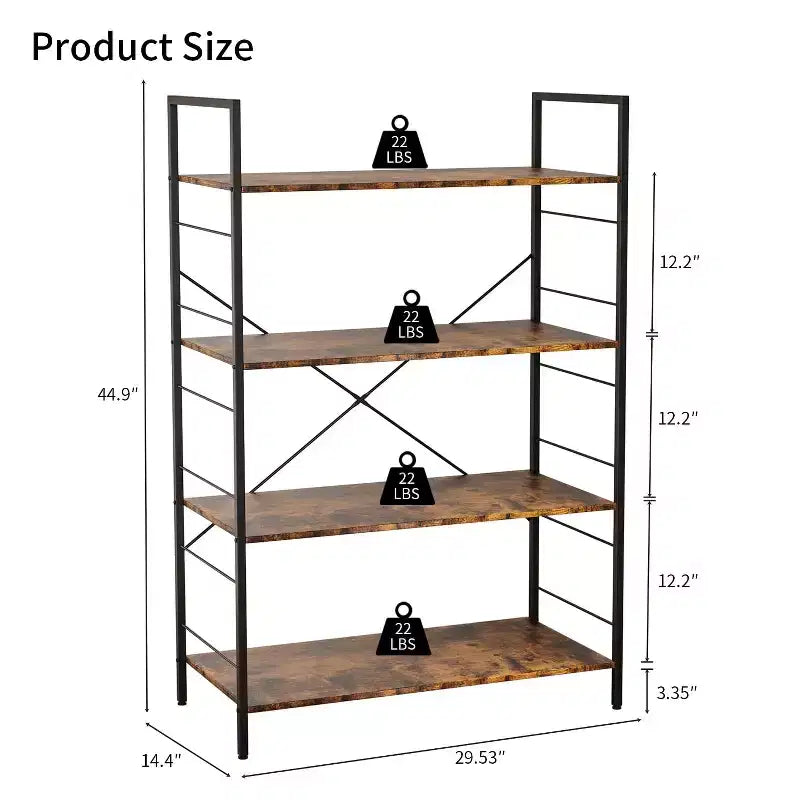 4 Tier Bookshelf, Large Bookcase with Steel Frame, Industrial Book Shelves for Home Office, Living Room, Rustic Book Shelf Organization and Storage