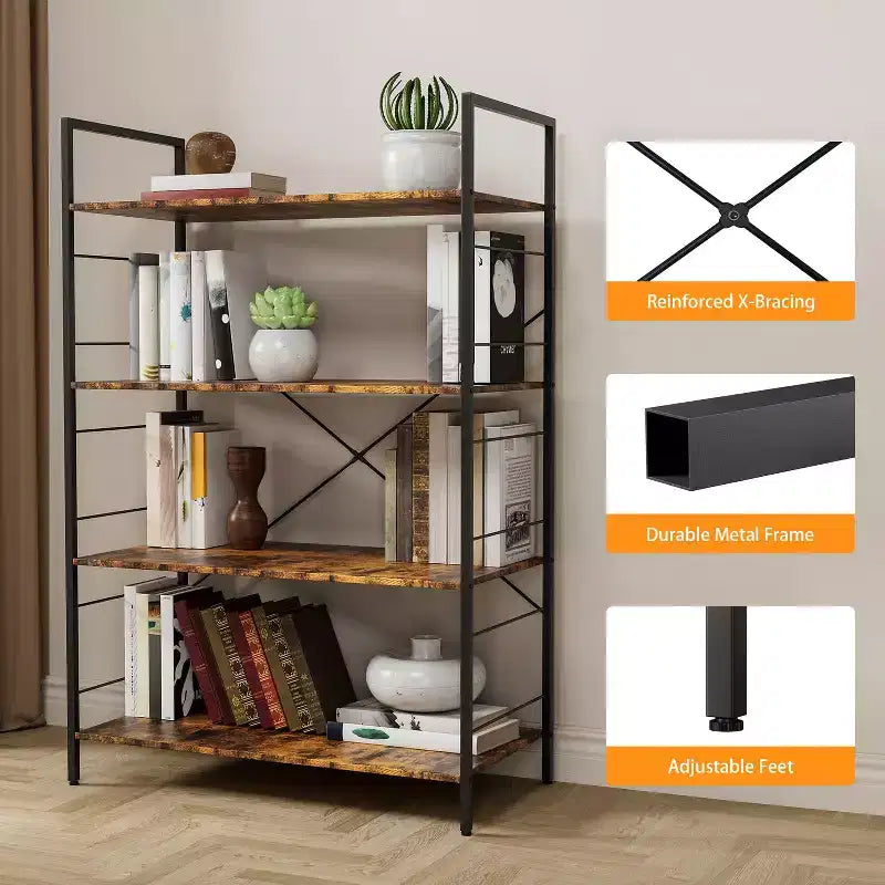 4 Tier Bookshelf, Large Bookcase with Steel Frame, Industrial Book Shelves for Home Office, Living Room, Rustic Book Shelf Organization and Storage
