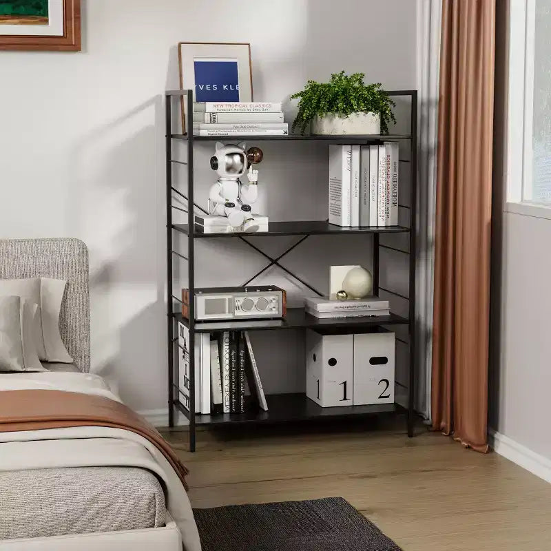 4 Tier Bookshelf, Large Bookcase with Steel Frame, Industrial Book Shelves for Home Office, Living Room, Rustic Book Shelf Organization and Storage