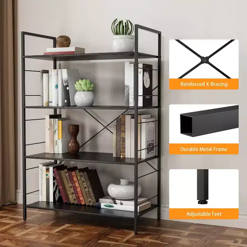 4 Tier Bookshelf, Large Bookcase with Steel Frame, Industrial Book Shelves for Home Office, Living Room, Rustic Book Shelf Organization and Storage