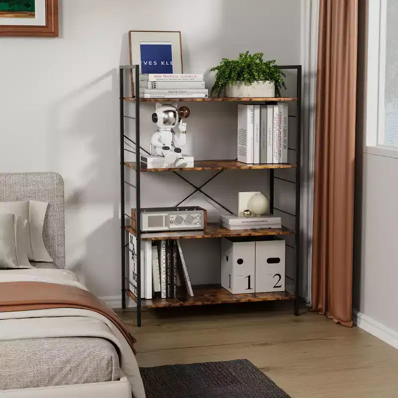 4 Tier Bookshelf, Large Bookcase with Steel Frame, Industrial Book Shelves for Home Office, Living Room, Rustic Book Shelf Organization and Storage