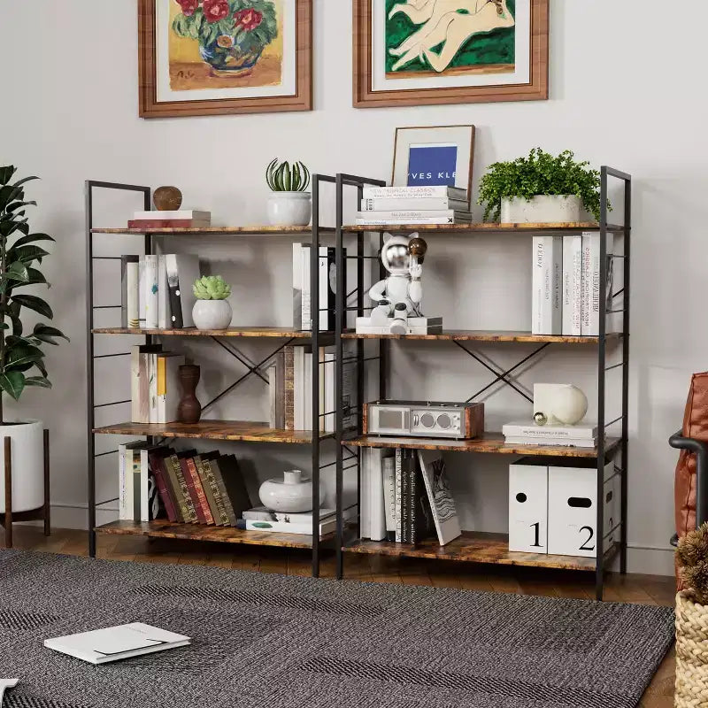 4 Tier Bookshelf, Large Bookcase with Steel Frame, Industrial Book Shelves for Home Office, Living Room, Rustic Book Shelf Organization and Storage