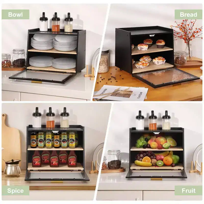 Farmhouse Bread Box - Double Layer Bamboo Storage with Window for Countertop, Holds Bread & Baked Goods
