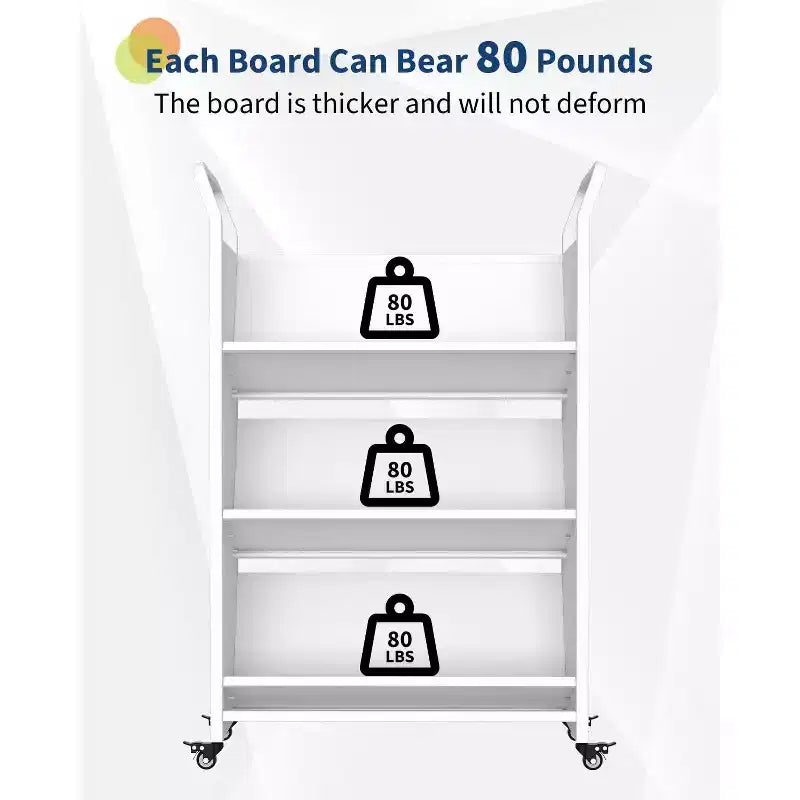 Book Cart with Wheels, Heavy-Duty Mobile Bookshelf Organizer, Single Sided V-Shaped Rolling Library Cart for Office School Home, White