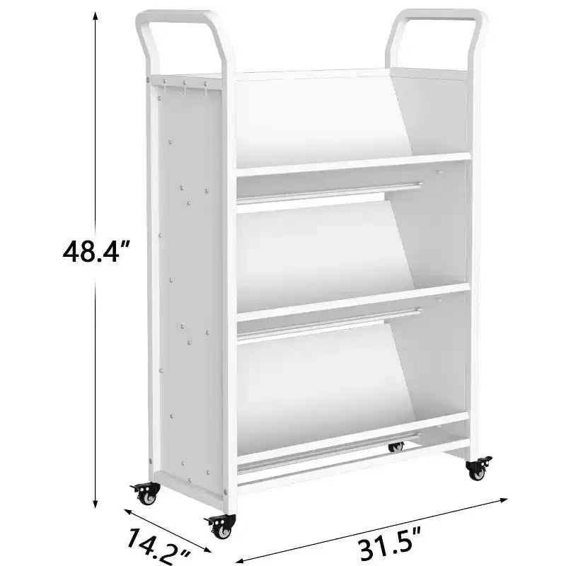 Book Cart with Wheels, Heavy-Duty Mobile Bookshelf Organizer, Single Sided V-Shaped Rolling Library Cart for Office School Home, White