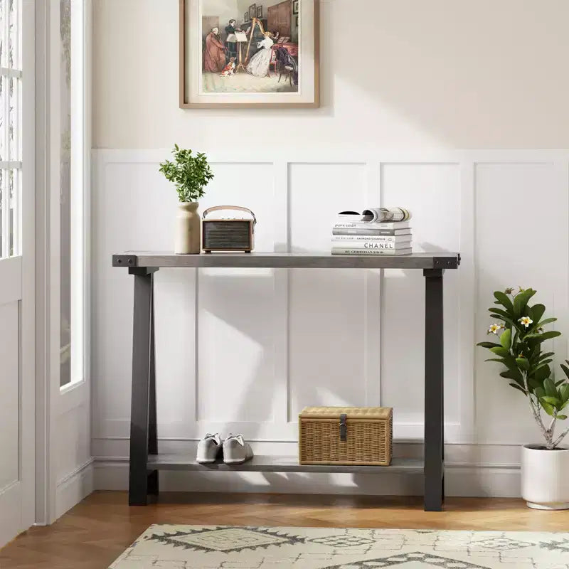 Console Table Entryway Table - 43.3'' Farmhouse Narrow Console with Storage, 2 Tier Sofa Table with Metal Frame & MDF