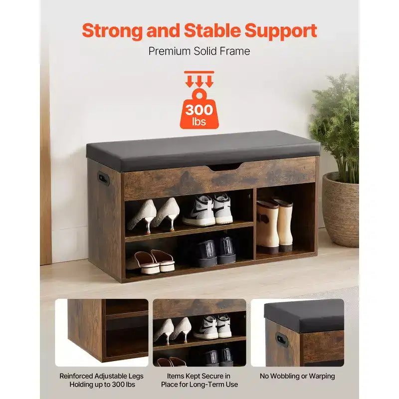 VEVOR Entryway Shoe Bench, 31.7 x 12.0 x 17.5 Inch Shoe Storage Organizer with Lift Top Storage Space, 300lbs Bench with Cushion Seat, Brown + Black
