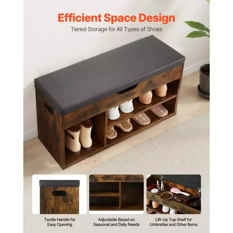 VEVOR Entryway Shoe Bench, 31.7 x 12.0 x 17.5 Inch Shoe Storage Organizer with Lift Top Storage Space, 300lbs Bench with Cushion Seat, Brown + Black