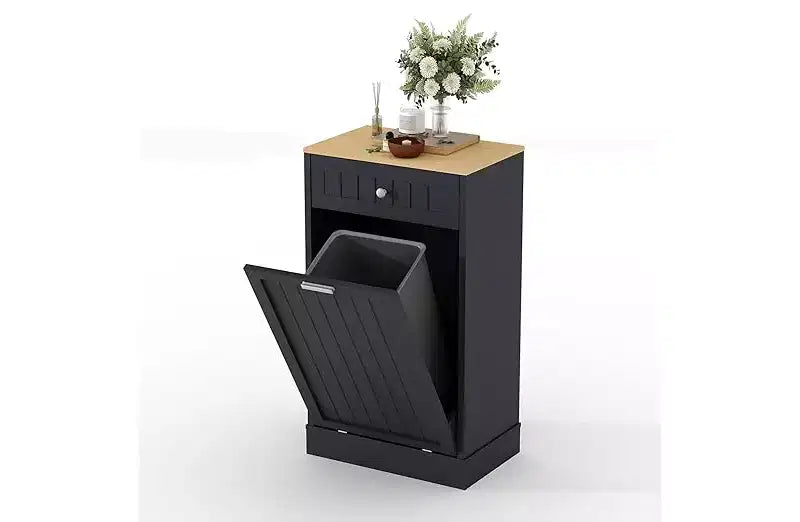 COZONY Wood Trash & Recycling Cabinet with Hideaway Drawer  Pet-Proof Freestanding Kitchen Bin Holder, Space-Saving Design