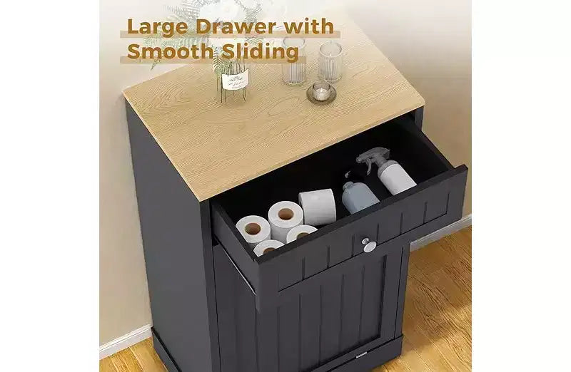 COZONY Wood Trash & Recycling Cabinet with Hideaway Drawer  Pet-Proof Freestanding Kitchen Bin Holder, Space-Saving Design