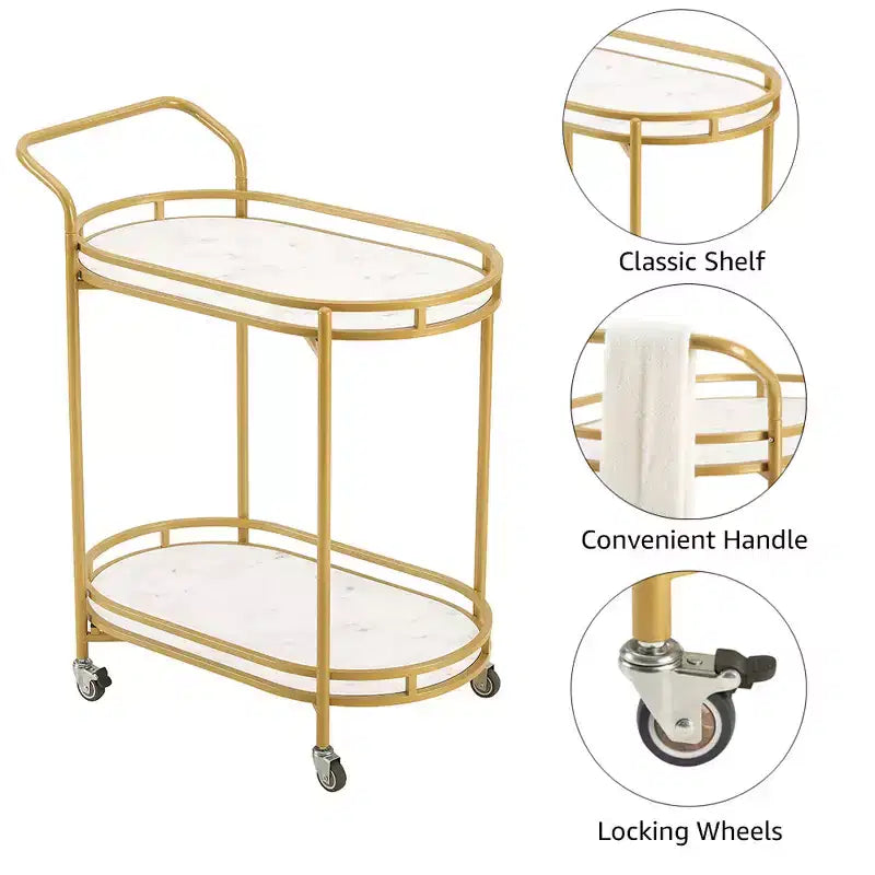 Rosary Blenn Modern Gold Bar Cart with Wheels  2-Tier Rolling Serving Trolley