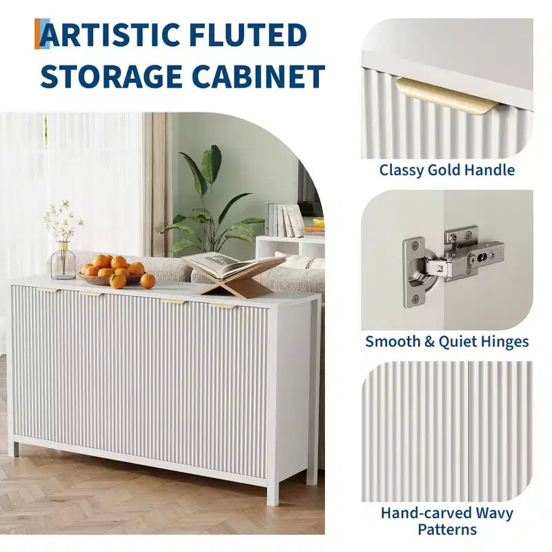 CuisinSmart 55 Fluted Buffet Cabinet with Storage, Large Sideboard with 4 Doors & Adjustable Shelves, Kitchen Buffet Cabinet Console Table