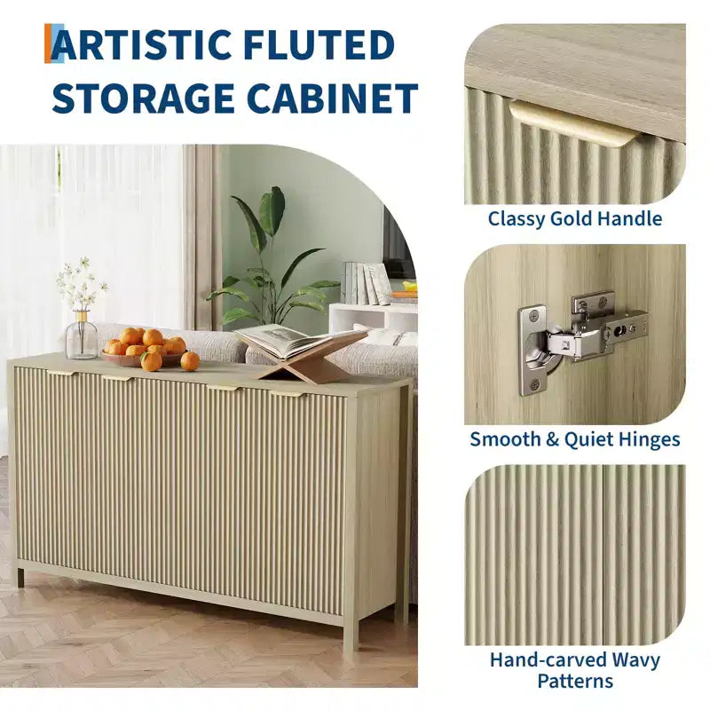 CuisinSmart 55 Fluted Buffet Cabinet with Storage, Large Sideboard with 4 Doors & Adjustable Shelves, Kitchen Buffet Cabinet Console Table