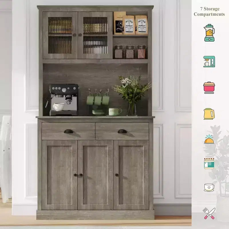 TROPOW Farmhouse Kitchen Pantry with Drawers & Adjustable Shelves, 71 Inch Tall Freestanding Pantry Storage Cabinet, Coffee Bar Hutch Cabinet