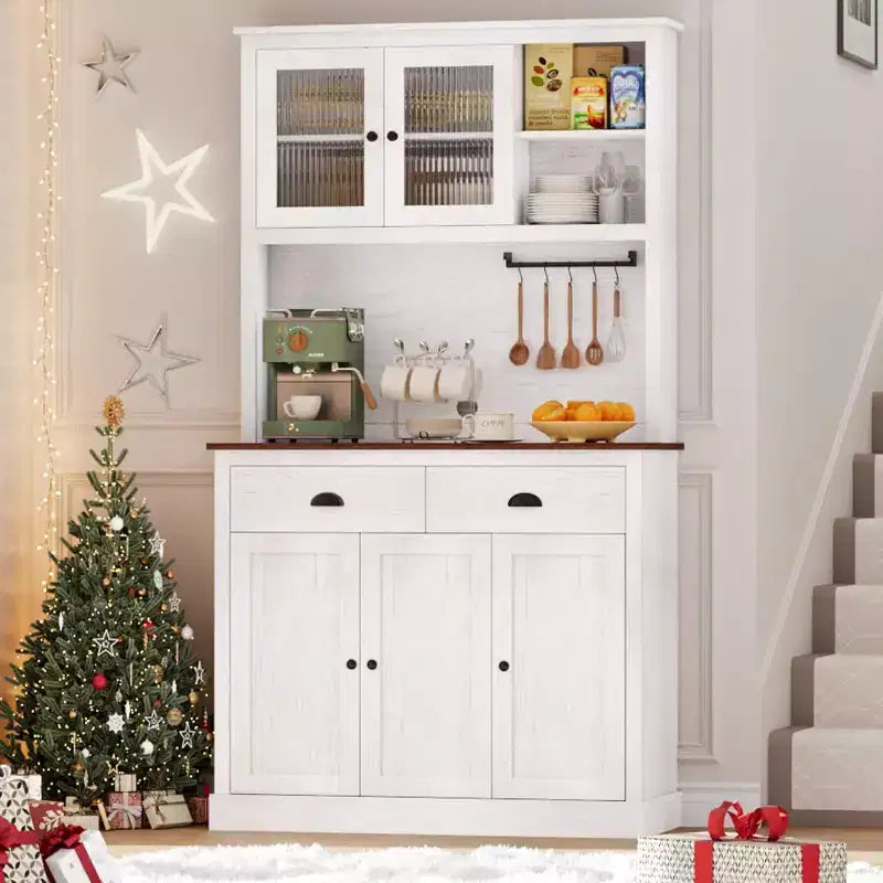 TROPOW Farmhouse Kitchen Pantry with Drawers & Adjustable Shelves, 71 Inch Tall Freestanding Pantry Storage Cabinet, Coffee Bar Hutch Cabinet