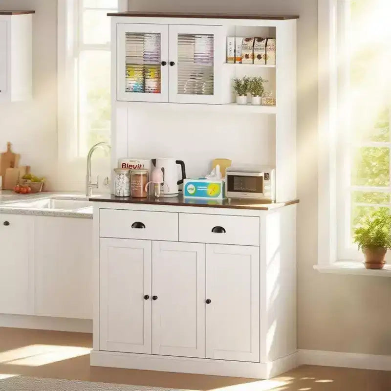 TROPOW Farmhouse Kitchen Pantry with Drawers & Adjustable Shelves, 71 Inch Tall Freestanding Pantry Storage Cabinet, Coffee Bar Hutch Cabinet