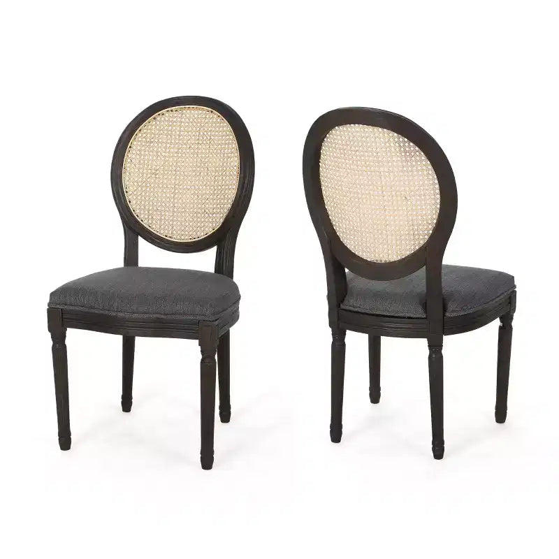 GDFStudio Towner French Country Fabric Upholstered Wood and Cane Dining Chairs (Set of 2)
