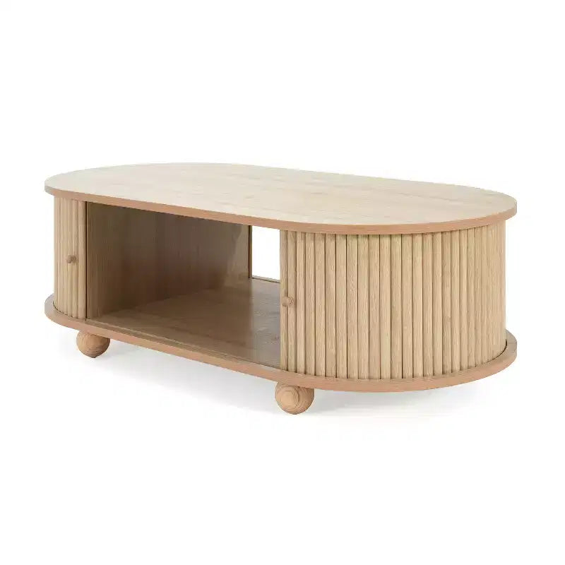 Oval Coffee Table Cocktail Table Storage Center Table Accent Table Sofa Side Table with Accordion Door - ModernLuxe