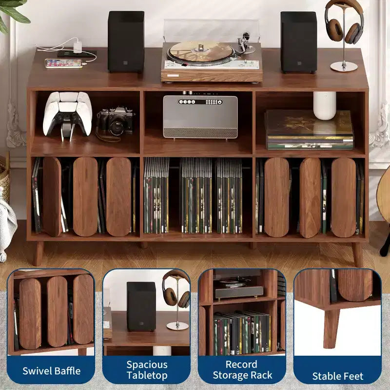 55 Large Record Player Stand, Vinyl Record Storage Cabinet,Modern Turntable Stand with Wood Legs,Record Player Table for Bedroom Living Room Office
