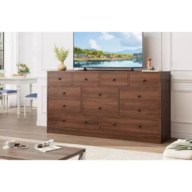 Acekool 12 Drawer Dresser with Power Outlets, Wooden Storage Chest Organizer for Bedroom, Living Room, Hallway, 61 Inch