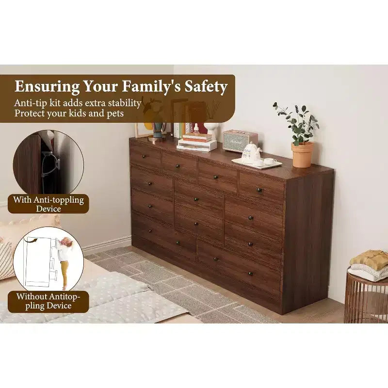 Acekool 12 Drawer Dresser with Power Outlets, Wooden Storage Chest Organizer for Bedroom, Living Room, Hallway, 61 Inch