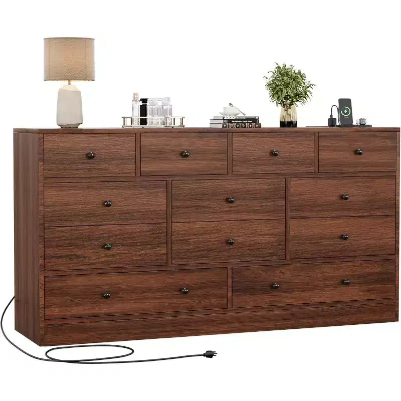 Acekool 12 Drawer Dresser with Power Outlets, Wooden Storage Chest Organizer for Bedroom, Living Room, Hallway, 61 Inch