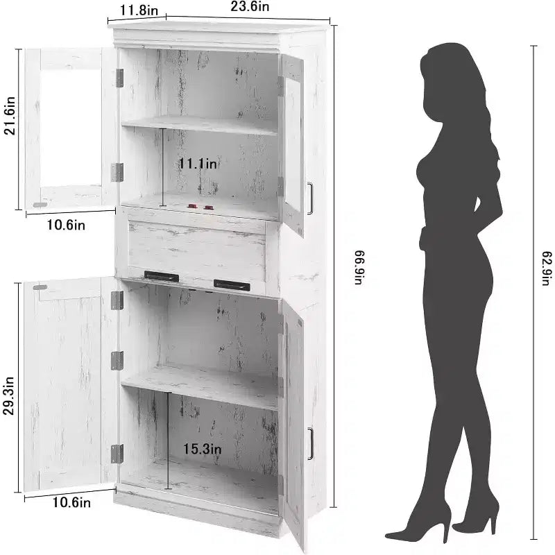 Acekool Tall Storage Cabinet with Double Doors, Adjustable Shelves & Drawer, Glass Accent for Bathroom, Living Room, Kitchen