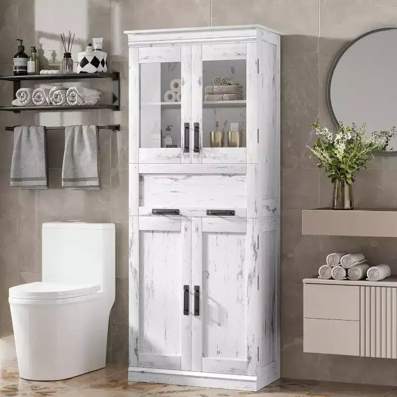 Acekool Tall Storage Cabinet with Double Doors, Adjustable Shelves & Drawer, Glass Accent for Bathroom, Living Room, Kitchen