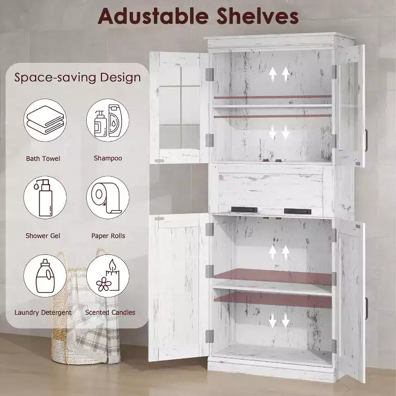 Acekool Tall Storage Cabinet with Double Doors, Adjustable Shelves & Drawer, Glass Accent for Bathroom, Living Room, Kitchen