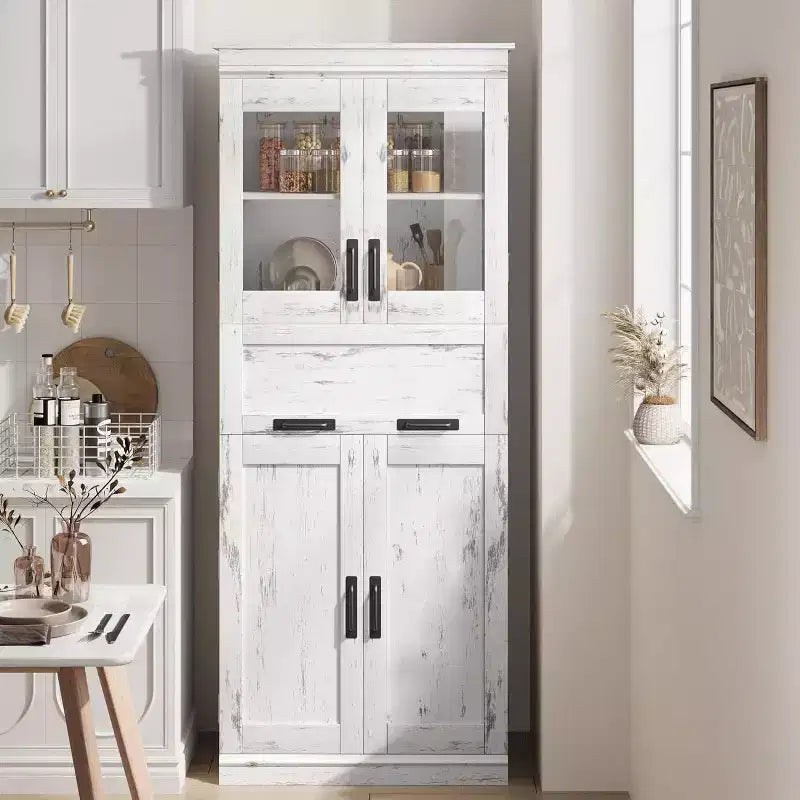 Acekool Tall Storage Cabinet with Double Doors, Adjustable Shelves & Drawer, Glass Accent for Bathroom, Living Room, Kitchen