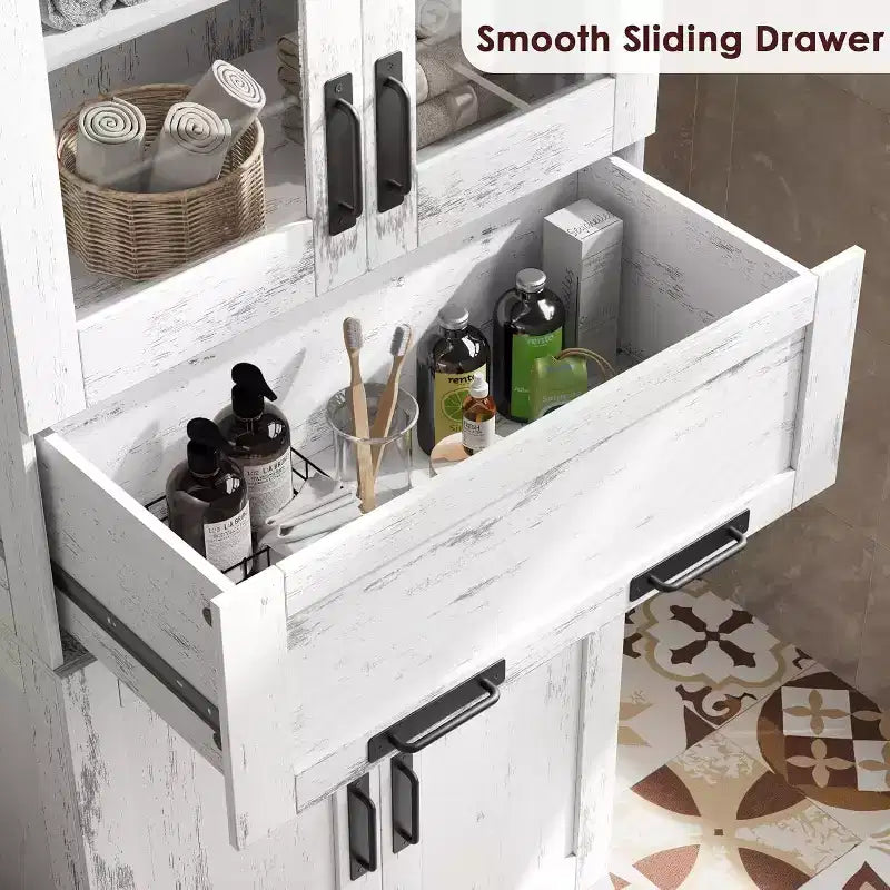 Acekool Tall Storage Cabinet with Double Doors, Adjustable Shelves & Drawer, Glass Accent for Bathroom, Living Room, Kitchen