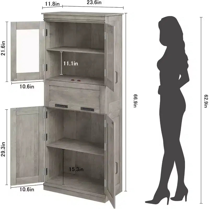 Acekool Tall Storage Cabinet with Double Doors, Adjustable Shelves & Drawer, Glass Accent for Bathroom, Living Room, Kitchen