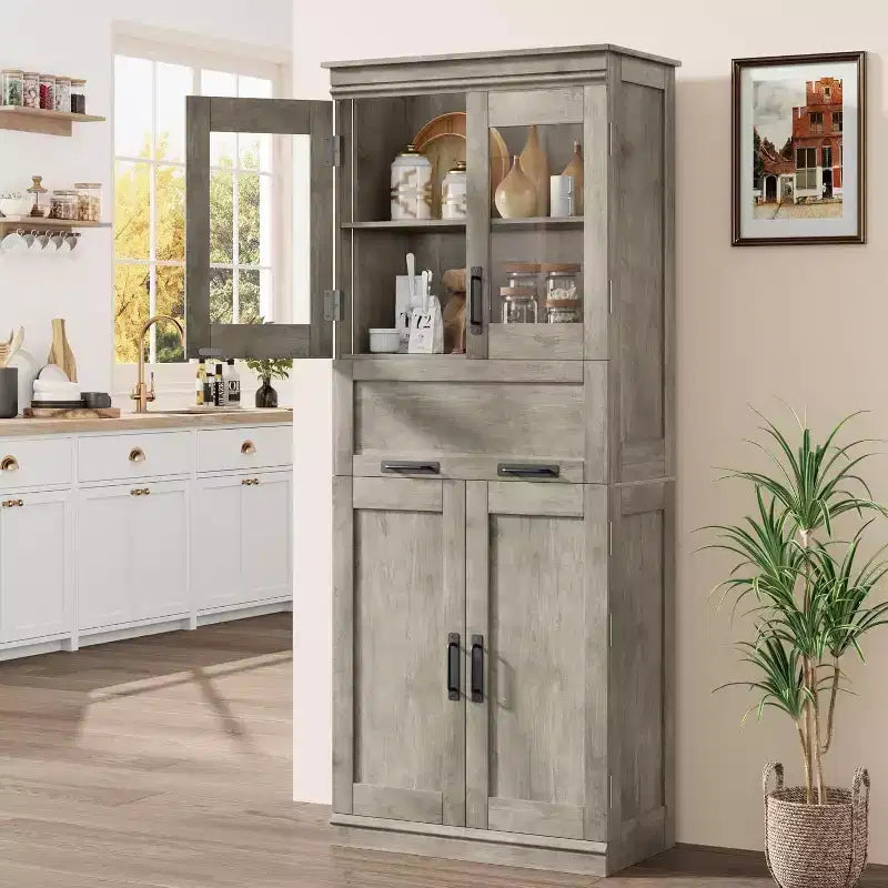 Acekool Tall Storage Cabinet with Double Doors, Adjustable Shelves & Drawer, Glass Accent for Bathroom, Living Room, Kitchen