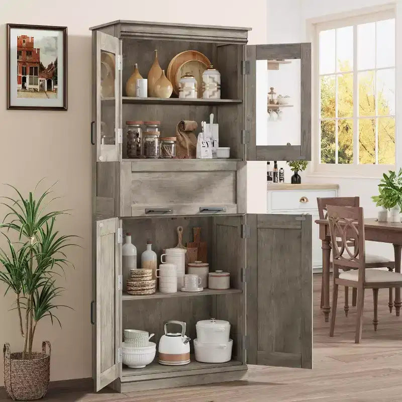 Acekool Tall Storage Cabinet with Double Doors, Adjustable Shelves & Drawer, Glass Accent for Bathroom, Living Room, Kitchen