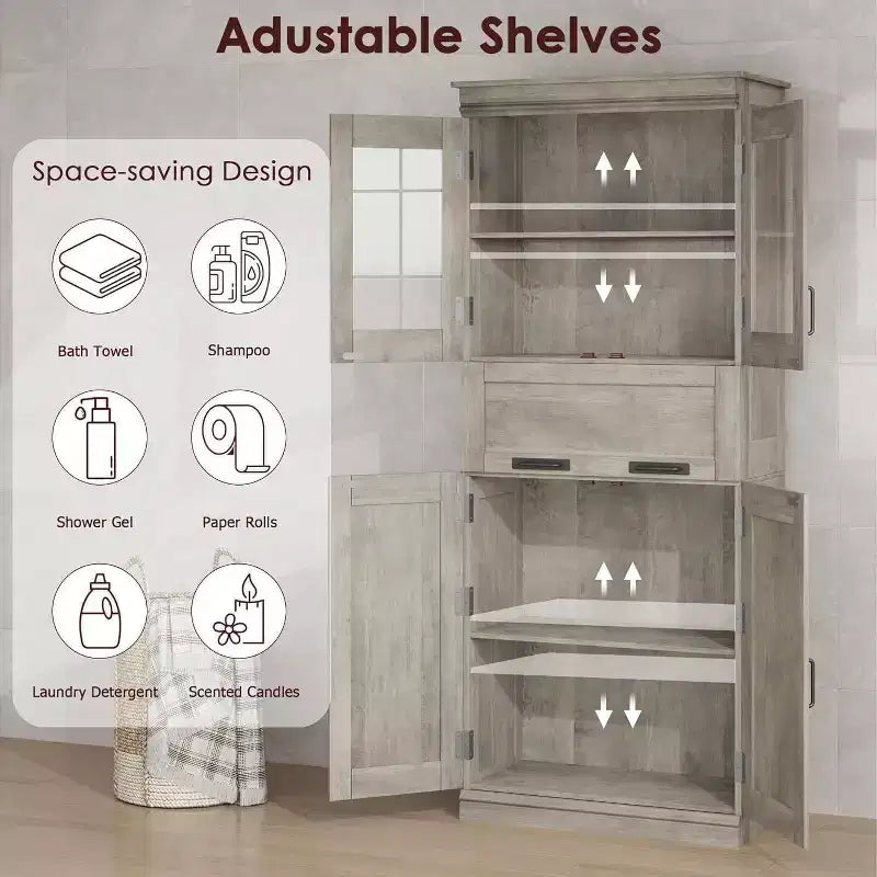 Acekool Tall Storage Cabinet with Double Doors, Adjustable Shelves & Drawer, Glass Accent for Bathroom, Living Room, Kitchen