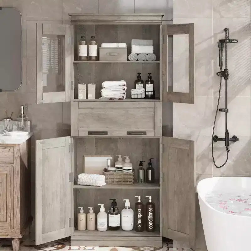 Acekool Tall Storage Cabinet with Double Doors, Adjustable Shelves & Drawer, Glass Accent for Bathroom, Living Room, Kitchen