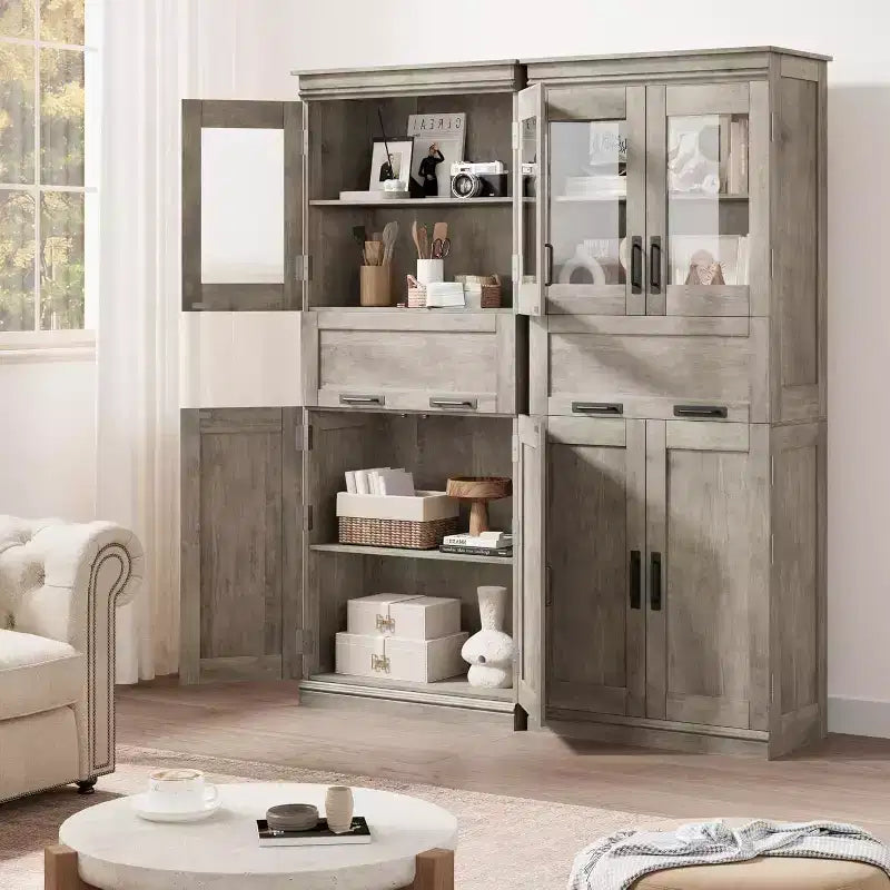 Acekool Tall Storage Cabinet with Double Doors, Adjustable Shelves & Drawer, Glass Accent for Bathroom, Living Room, Kitchen