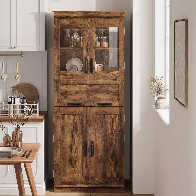 Acekool Tall Storage Cabinet with Double Doors, Adjustable Shelves & Drawer, Glass Accent for Bathroom, Living Room, Kitchen