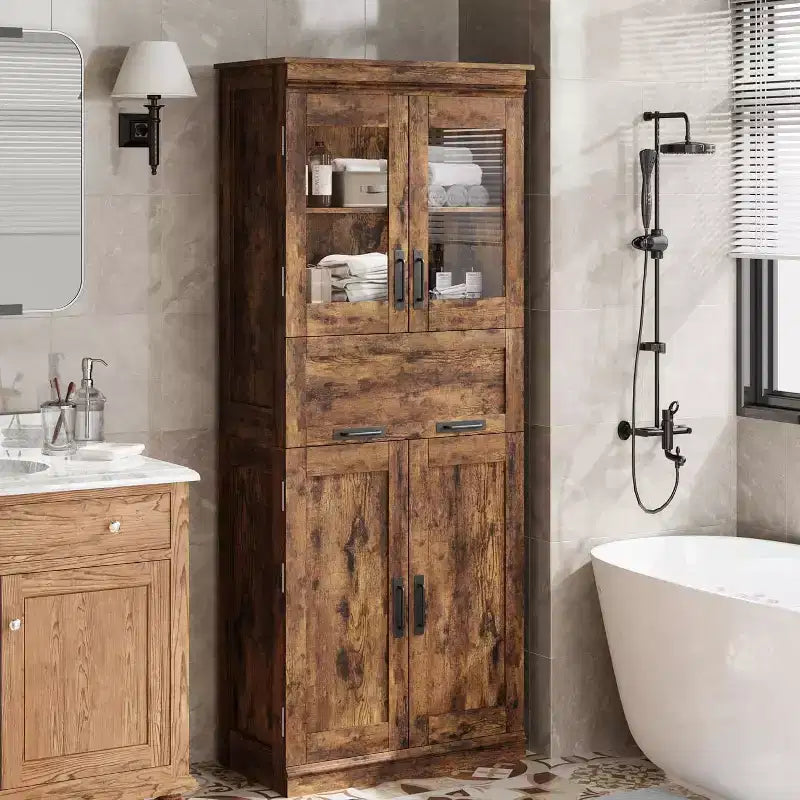 Acekool Tall Storage Cabinet with Double Doors, Adjustable Shelves & Drawer, Glass Accent for Bathroom, Living Room, Kitchen