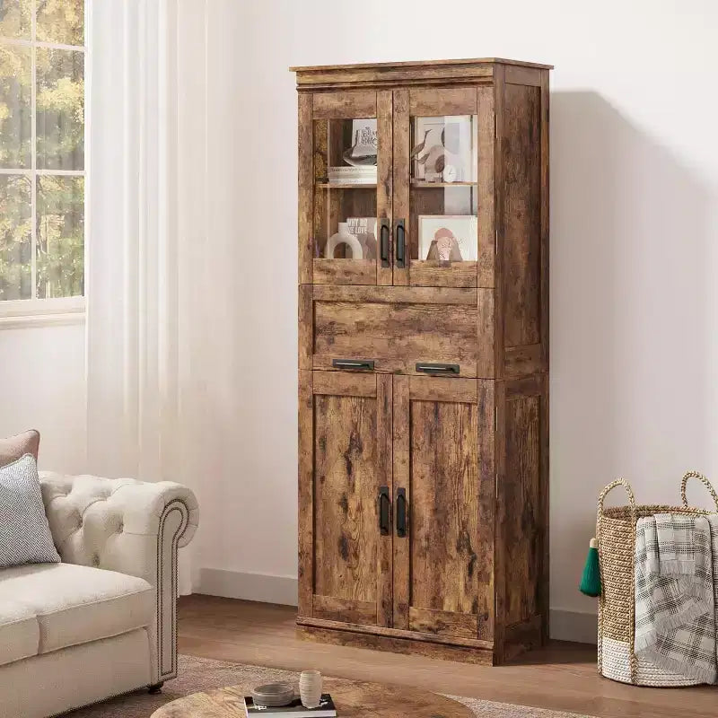 Acekool Tall Storage Cabinet with Double Doors, Adjustable Shelves & Drawer, Glass Accent for Bathroom, Living Room, Kitchen