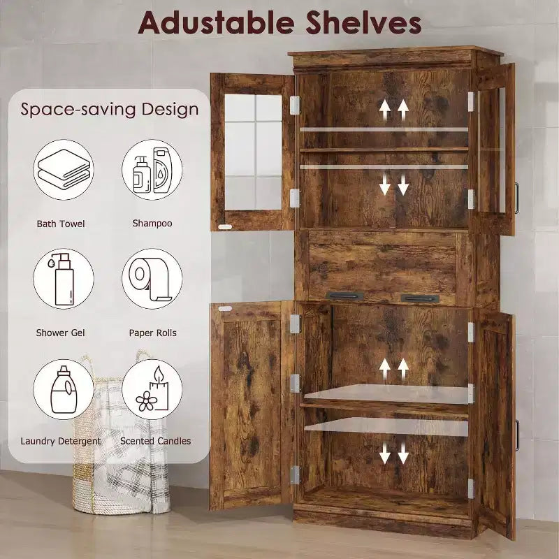 Acekool Tall Storage Cabinet with Double Doors, Adjustable Shelves & Drawer, Glass Accent for Bathroom, Living Room, Kitchen