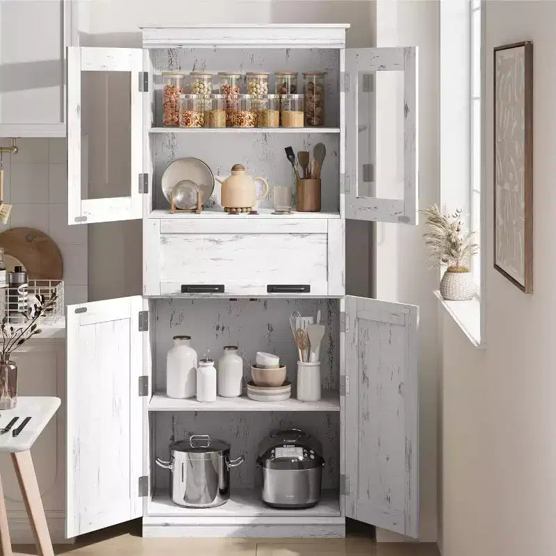 Acekool Tall Storage Cabinet with Double Doors, Adjustable Shelves & Drawer, Glass Accent for Bathroom, Living Room, Kitchen
