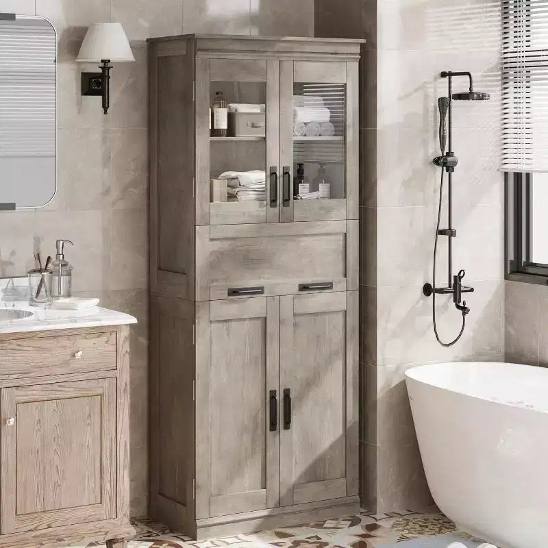 Acekool Tall Storage Cabinet with Double Doors, Adjustable Shelves & Drawer, Glass Accent for Bathroom, Living Room, Kitchen