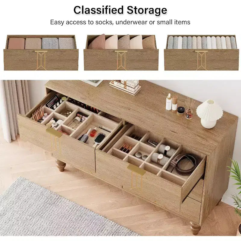Wooden 6 Drawer Dresser with Vintage Pattern Design, Modern Chest Dresser with Deep Drawers for Bedroom, Living Room, Entryway