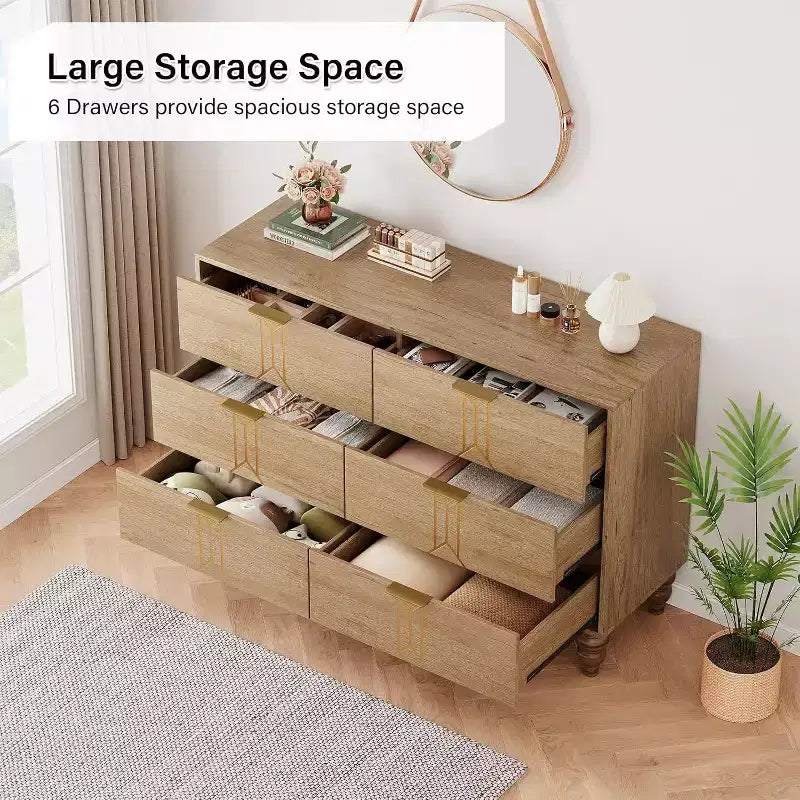 Wooden 6 Drawer Dresser with Vintage Pattern Design, Modern Chest Dresser with Deep Drawers for Bedroom, Living Room, Entryway