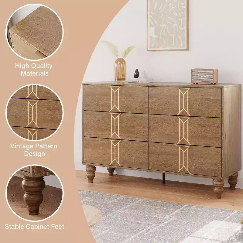 Wooden 6 Drawer Dresser with Vintage Pattern Design, Modern Chest Dresser with Deep Drawers for Bedroom, Living Room, Entryway