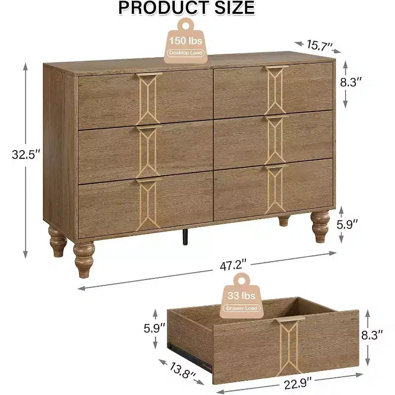 Wooden 6 Drawer Dresser with Vintage Pattern Design, Modern Chest Dresser with Deep Drawers for Bedroom, Living Room, Entryway