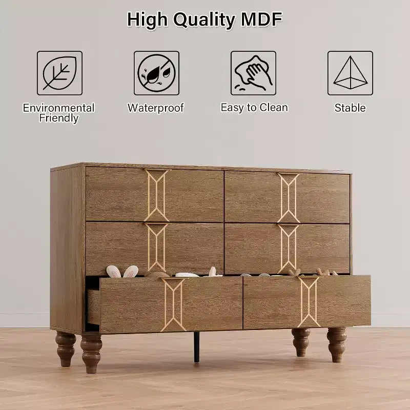 Wooden 6 Drawer Dresser with Vintage Pattern Design, Modern Chest Dresser with Deep Drawers for Bedroom, Living Room, Entryway